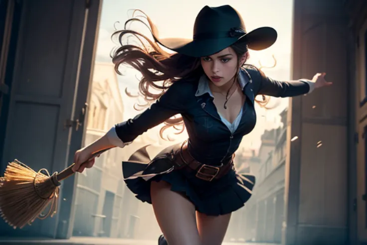 Her flowing hair is a sight to behold., assim como sua capa, Hat and boots, complementando perfeitamente o visual. The broom in his hands glows with a mysterious charm, adding an aura of fascination and playfulness to the scene. Ela personifica aventureira...