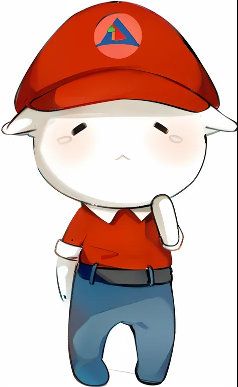 A cartoon figure wearing a red hat and blue pants, he has a red hat, wearing a red backwards cap, Cartoon Cute, he is happy, Cartoon image, greet