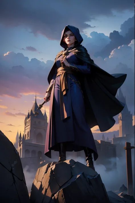 A mage making a powerful position on a raised stone in a city among the clouds dusk sky full of clouds mage wearing robe hood beautiful 8k dramatic scene statues autumn trees character with short hair and flowing cape The long wind