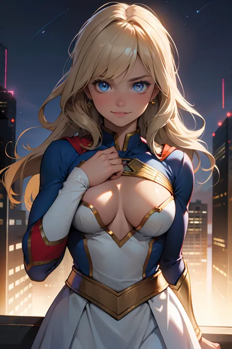 Portrait of the best quality, 4k wallpaper, Extremely detailed Supergirl,Chemise Supergirl ouverte avec les mains , open shirt Supergirl 8k wallpaper, Yeux brillants, cheveux noirs courts, ombre parfaite, tmasterpiece, Regarder le spectateur, rougissant, v...