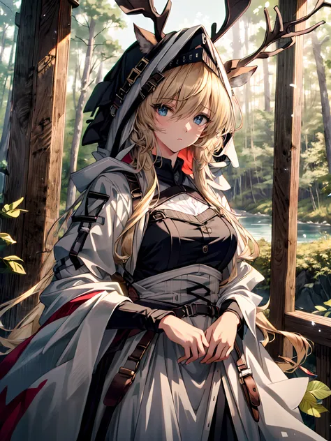 (((Masterpiece))),(incredibly_absurderes),(Best quality),(A high resolution),(Highly detailed),((CG unity 8k wallpaper)), ((Best quality)), 8K, high detal, Ultra-detailed, Detailed and intricate, 1girll, blond hairbl, shirt, River, forest, vivd colour,