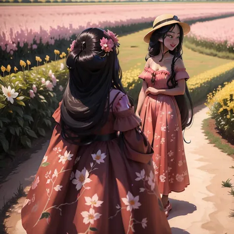 There is a beautiful Chinese woman standing in a field of cherry trees with a sun hat and wearing a pink halter dress, longos cabelos castanhos ondulados, wearing sunglasses, alto e magro, Beautiful, sorriso sutil, Standing in the field of cherry trees, st...