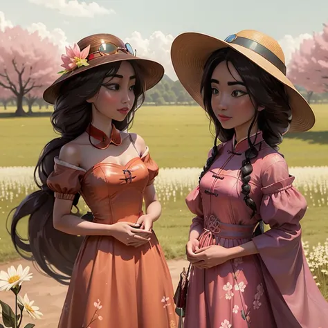 There is a beautiful Chinese woman standing in a field of cherry trees with a sun hat and wearing a pink halter dress, longos cabelos castanhos ondulados, wearing sunglasses, alto e magro, Beautiful, sorriso sutil, Standing in the field of cherry trees, st...