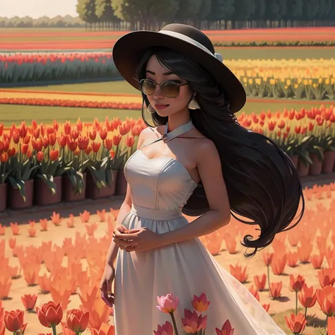 There is a beautiful Chinese woman standing in a field of tulips with a sun hat and wearing a white halter dress, longos cabelos castanhos ondulados, wearing sunglasses, alto e magro, Beautiful, sorriso sutil, Standing in the field of tulips, standing in a...