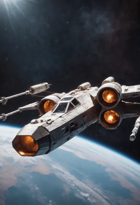 Xwing fighter as a big crewed cargo ship flying through space