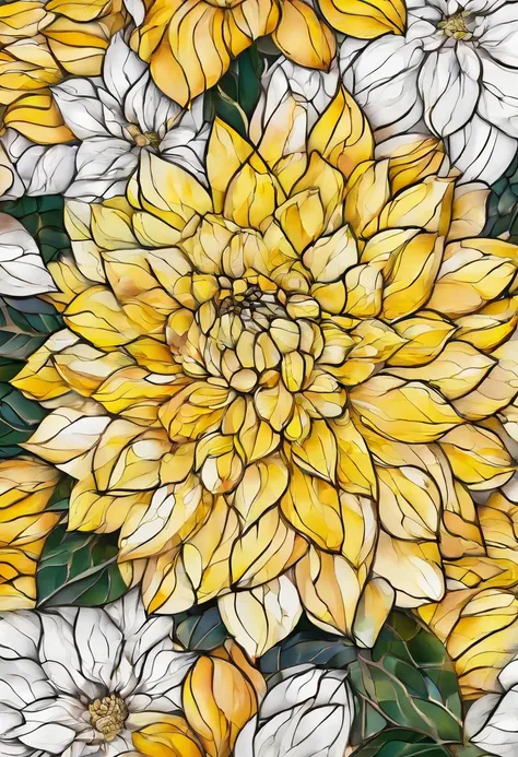 Yellow and white flowers isolated on black background, Beautiful flowers, Close-up of giant dahlia flower head, Giant Dahlia Flower Head, a glowing delicate flower, photorealistic highly detailed, Digital painting highly detailed, 菊 EOS-1D, Rendered illust...