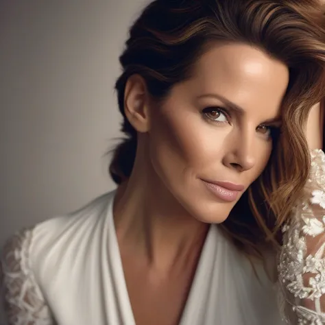 (Fujifilm XT3 35 millimeters), Foto de retrato de kate beckinsale, bonita com cabelo auburn e seios grandes usando um vestido de cabresto intrincado, usando joias, circunstanciado, 8k UHD, DSLR, alta qualidade, filmic grain, (foco nítido:1.1)