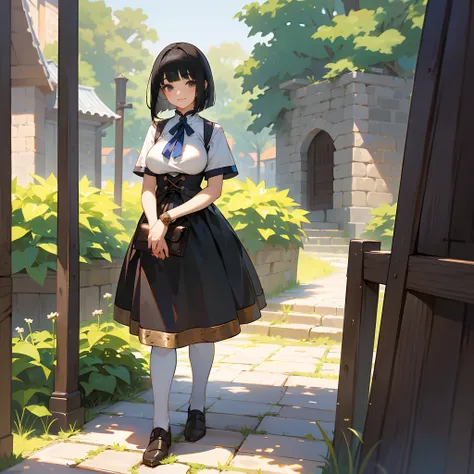 With the best image quality、Teenage girl standing alone outdoors。In high resolution、Beautiful fine details、tranquil atmosphere。((Black Hair Bob Hair))、Cute smile。(((breasts are large)))、I dont have anything in my hands、realistic hand、Medieval European nati...