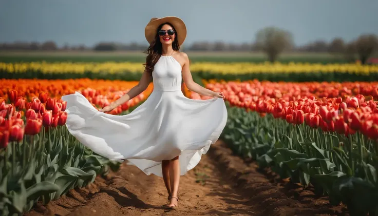 There is a beautiful Chinese woman standing in a field of tulips with a sun hat and wearing a white halter dress, longos cabelos castanhos ondulados, wearing sunglasses, alto e magro, Beautiful, sorriso sutil, Standing in the field of tulips, standing in a...