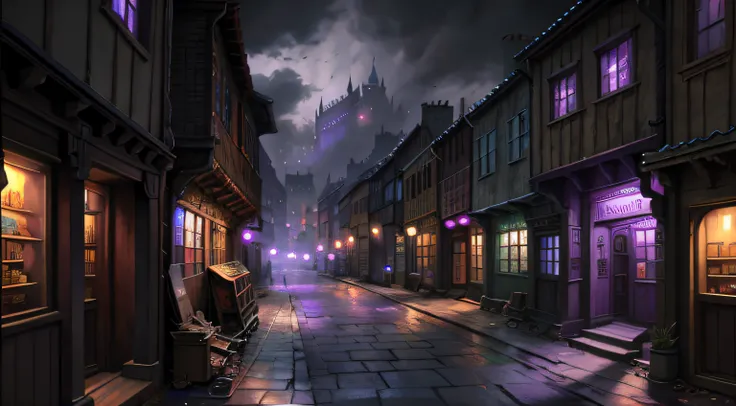 dnd best quality masterpiece atmospheric digital painting artwork 4k 8k highly detailed dull poor (nasty winding medieval city street:1.2) shops poverty, sad, destroyed houses (dull night:1.1) particles grey purple sky mat painting, key visual anime backgr...