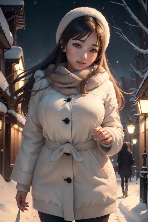 (best quality, highres, ultra-detailed, realistic:1.37), beautiful Japanese woman, Naru Naruegawa, soft brown eyes, long brown hair flowing in the winter breeze, beautiful detailed lips, winter coat opened revealing her slender figure, vibrant and warm aga...