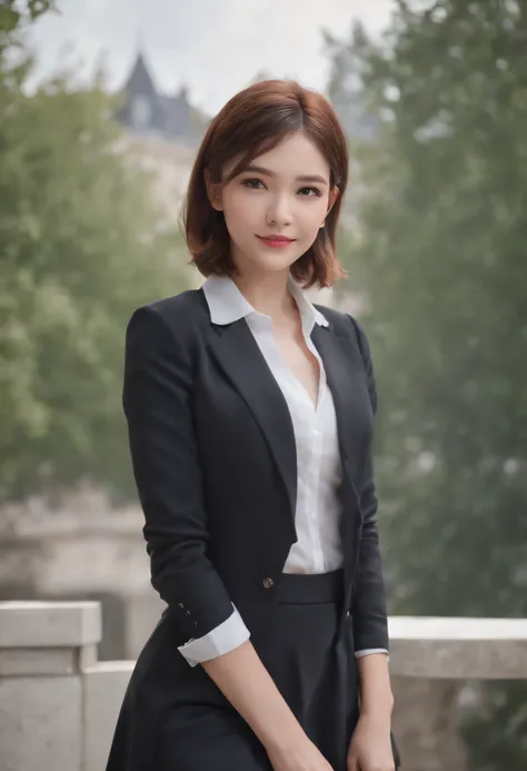 (8k, Best Quality, Masterpiece:1.2), (Realistic, Photorealistic:1.37), Ultra Detail, 1 Girl, Full Body, Outdoor, (Adjusted Hair:1.5) Office Lady, Black Office Blazer, Office Skirt, (pantyhose: 1.2), (short button-down shirt: 1.2), button-up collar prim, bu...