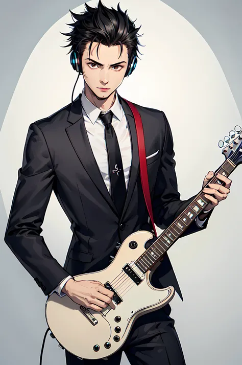 best quality,masterpiece,original,extremely detailed wallpaper,looking at viewer,1boy,solo,male,male focus,black hair,spiked hair,spiky hair,forehead,up hair,white shirt,blazer,black necktie,pants,headphones_around_neck,guitar on back,