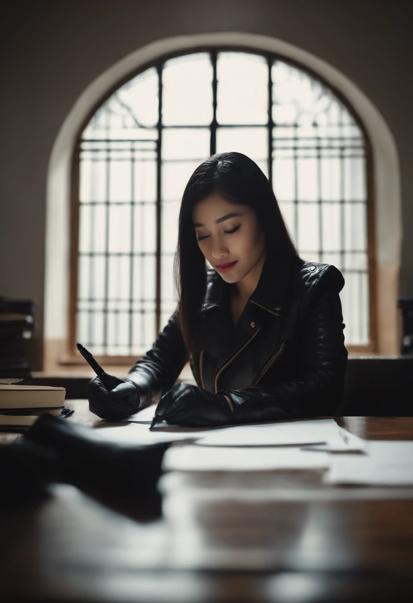 Wearing black leather gloves in both hands, upper body, black leather riders jacket, facing the desk in the study, looking down and smiling, writing a letter using a fountain pen, black hair long straight, young Japanese woman (black leather gloves cover b...