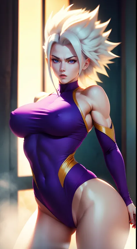 Sexy Woman Breasts Athletic Body Super Sayajin White Hair Rays in Vouta Body Purple Fighting Clothes Make NSFW Red