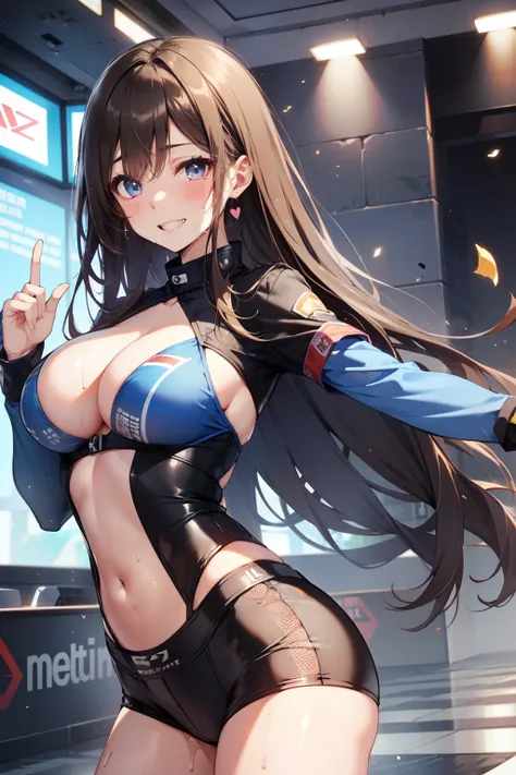 top-quality、Full limbs、complete fingers、Slender beauty、straight haired、Brown hair、Raw feet、Blue Event Companion Costume、Race Circuit、F1、Sweating、Wet texture、Beautiful Large Breasts、Dancing、A big smile、Throwing kisses、heart mark、sexypose