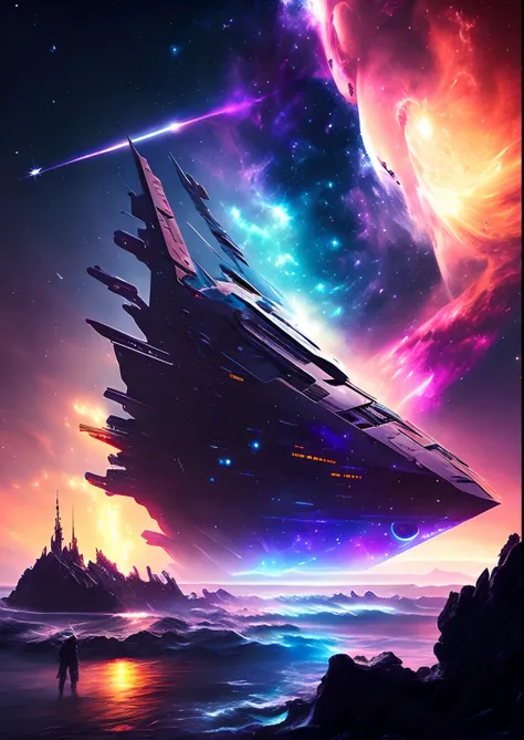 dreamlikeart, galaxy, outer space, nebula, star, [cyberpunked] Ships from the Stars (star:1.5),