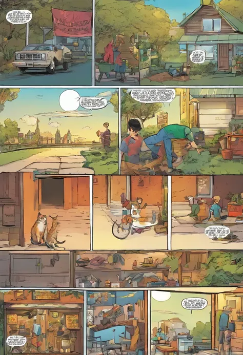 American comics, the comic story is presented in multiple irregular panels with color. The American Shorthair cat goes through hardships while running away from home and then reunites with its owner. The style is exaggerated and detailed