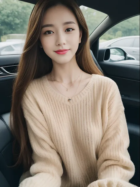 ((Best Quality, 8k, Masterpiece: 1.3)), Focus: 1.2, Perfect Body Beauty: 1.4, Buttocks: 1.2, ((Delicate Hair)), (Sweater Dress: 1.1), (Sports car, street: 1.2), Highly detailed face and skin texture, Fine eyes, Double eyelids, Whitened skin, Smile, Wearing...