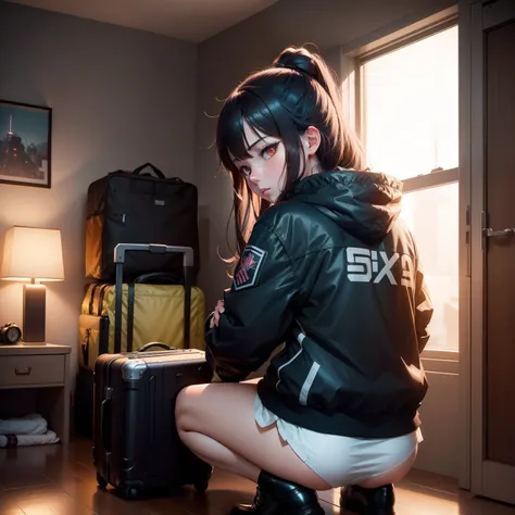 anime girl sitting on a bed with a suitcase in the background, the anime girl is crouching, female protagonist 👀 :8, beautiful anime girl squatting, from girls frontline, seductive anime girl, female anime character, anime. soft lighting, 4k anime wallpape...