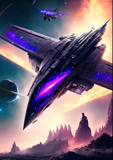 dreamlikeart, galaxy, outer space, nebula, star, [cyberpunked] Aircraft from the Stars (star:1.5),