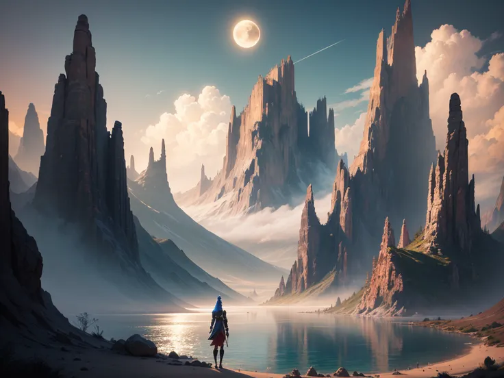 mountains and a lake with a moon in the sky, 4k arte digital altamente detalhada, 4k hd wallpaper muito detalhado, paisagem de fantasia impressionante, sci-fi fantasia desktop wallpaper, unreal engine papel de parede 4k, 4k arte digital detalhada, papel de...