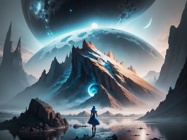 mountains and a lake with a moon in the sky, 4k arte digital altamente detalhada, 4k hd wallpaper muito detalhado, paisagem de fantasia impressionante, sci-fi fantasia desktop wallpaper, unreal engine papel de parede 4k, 4k arte digital detalhada, papel de...