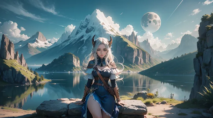 uma mulher em um vestido prateado e azul, corpo inteiro, arte de fantasia detalhada, arte de personagem impressionante, epic and exquisite character art, bela armadura da rainha, arte extremamente detalhada 8k, numa paisagem extremamente detalhada 8k, Moun...