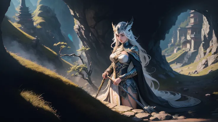 uma mulher em um vestido prateado e azul, corpo inteiro, arte de fantasia detalhada, arte de personagem impressionante, epic and exquisite character art, bela armadura da rainha, arte extremamente detalhada 8k, numa paisagem extremamente detalhada 8k, Moun...