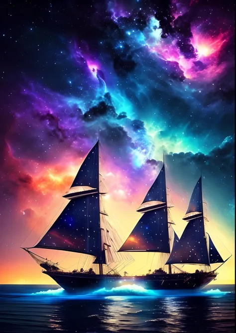 dreamlikeart, galaxy, outer space, nebula, star, [cyberpunked] Sailboats from the stars (star:1.5),