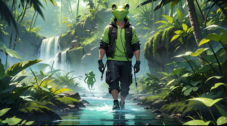 humanoid teenager green body frog head, walking with headphones on his head, Amazon rainforest, very green river in the background of the scene --auto --s2