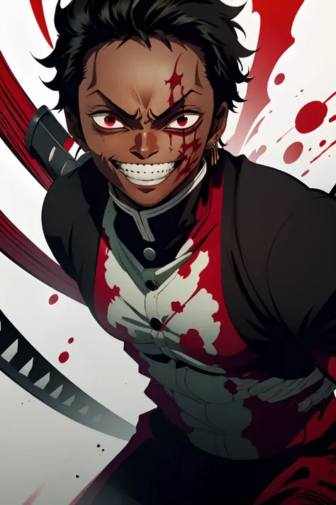 black young man, negro, black hair, zoro hairstyle, red sword, uniforme demon slayer, bleach pose, creepy smile, scary eyes, blood lust, blood