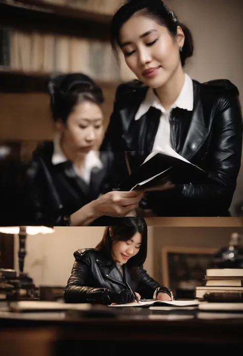 Wearing black leather gloves in both hands, upper body, black leather riders jacket, facing the desk in the study, looking down and smiling, writing a letter using a fountain pen, black hair long straight, young Japanese woman (black leather gloves cover b...