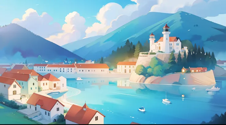 ocean fantasy, watercolor illustration, whimsical, warm colors, village, houses, huge lighthouse, ((masterpiece)), highly detailed environment