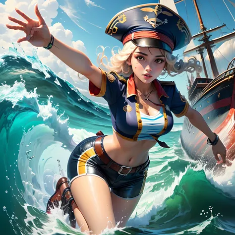 Menina pirata em um barco e mar