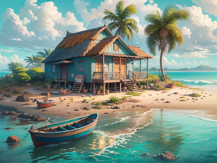 Seaside cottage, Blue sky, Nicaragua, small boats, the detail, 8k HD, best quality，ultra - detailed, Illustration，Best shadow，masterpiece，A high resolution，professional artwork，famous artwork