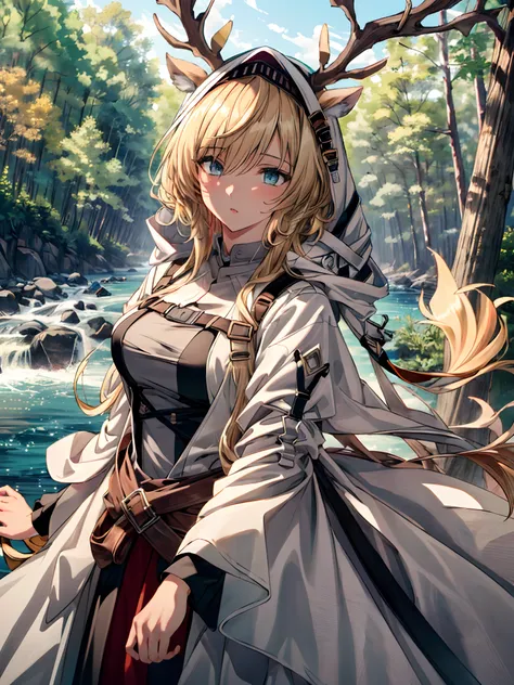 (((Masterpiece))),(incredibly_absurderes),(Best quality),(A high resolution),(Highly detailed),((CG unity 8k wallpaper)), ((Best quality)), 8K, high detal, Ultra-detailed, Detailed and intricate, 1girll, blond hairbl, shirt, River, forest, vivd colour,