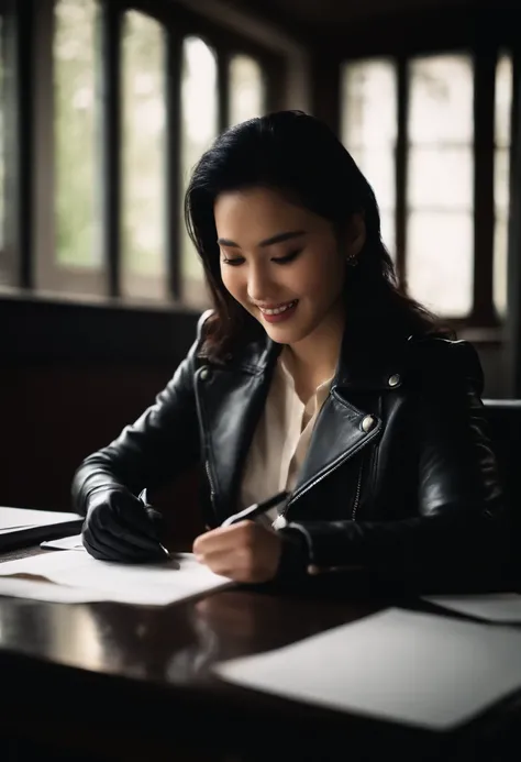 Wearing black leather gloves in both hands, upper body, black leather rider jacket, facing the desk in the dark study, looking down and smiling, writing a letter using a fountain pen, black hair long straight, young Japanese woman (black leather gloves cov...