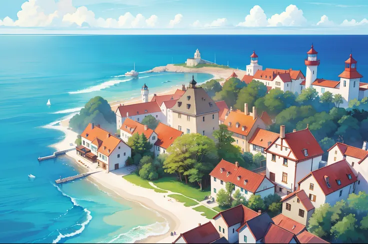 ocean fantasy, watercolor illustration, whimsical, warm colors, village, houses, huge lighthouse, ((masterpiece)), highly detailed environment