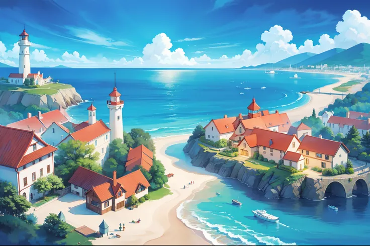 ocean fantasy, watercolor illustration, whimsical, warm colors, village, houses, huge lighthouse, ((masterpiece)), highly detailed environment