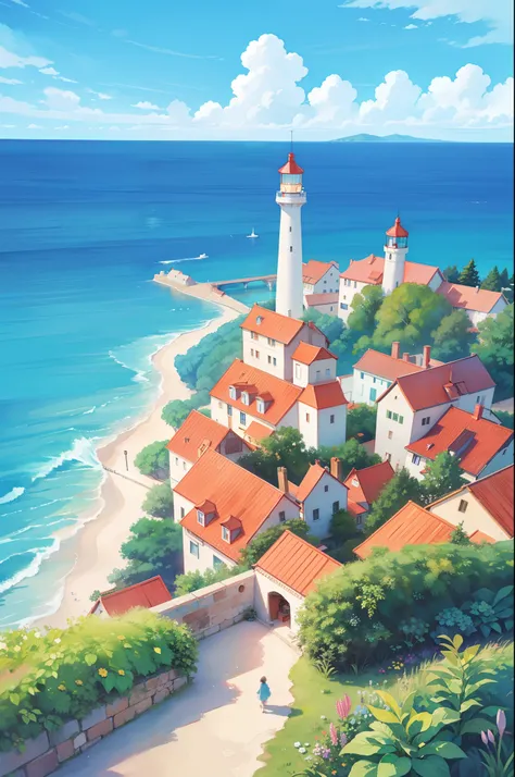 ocean fantasy, watercolor illustration, whimsical, warm colors, village, houses, huge lighthouse, ((masterpiece)), highly detailed environment