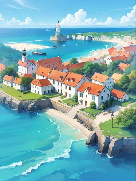 ocean fantasy, watercolor illustration, whimsical, warm colors, village, houses, huge lighthouse, ((masterpiece)), highly detailed environment