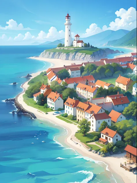 ocean fantasy, watercolor illustration, whimsical, warm colors, village, houses, huge lighthouse, ((masterpiece)), highly detailed environment