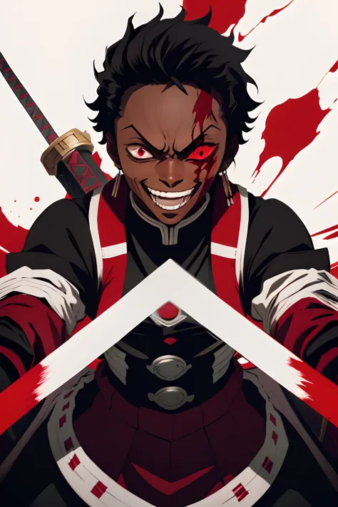 black young man, negro, black hair, zoro hairstyle, red sword, uniforme demon slayer, assassin pose, creepy smile, scary eyes, blood lust, blood, tongue out, psicopata, crazy, shining eyes, red eyes, LINGUA