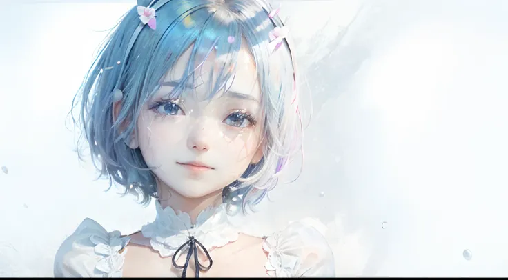 1girl, rem, cry and smile, realistic ultra detail, short hair, 70mm lens, best photography, close up face