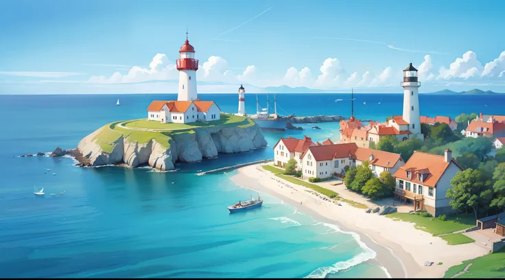 ocean fantasy, watercolor illustration, whimsical, warm colors, village, houses, huge lighthouse, ((masterpiece)), highly detailed environment