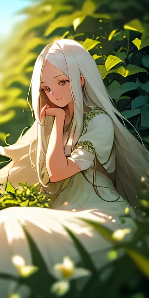 (masterpiece, best quality),1girl with long white hair sitting in a field of green plants and flowers, her hand under her chin, warm lighting, white dress, blurry foreground