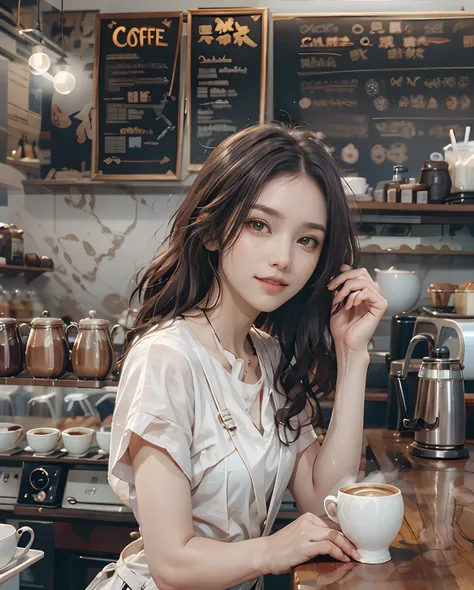 masutepiece、hight resolution、The coffee shop of the future、Woman making delicious coffee、２５Year old girl、１Girl clerk、Looking at the camera、Hair is short、short-cut、smil、Finish as shown in the photo、Coffee and beauty、the skin is white and beautiful、