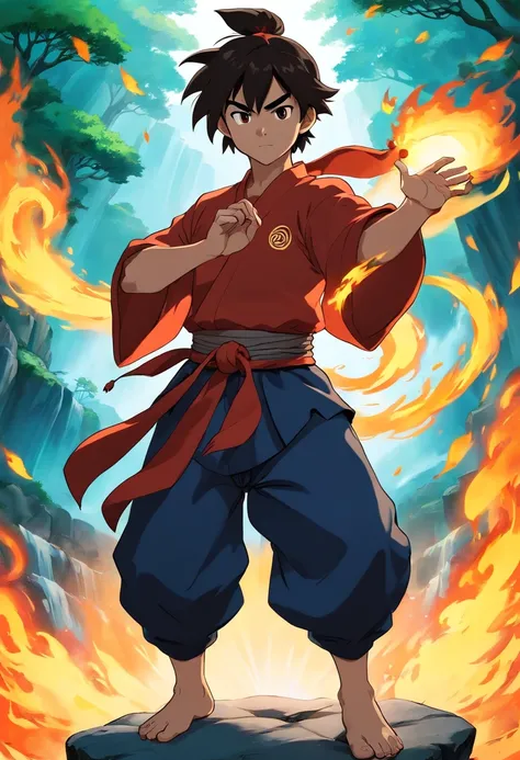 anime do studio ghibli, melhor qualidade, anime, 1boy, ryu, Fire Nation Clothing, Ryu (breath of fire), masculino, universo (avatar the last airbender), solo, cabelos pretos, fire, chamas azuis, chamas pelo corpo, Escuro, cabelo samurai, olhos fechados, Me...