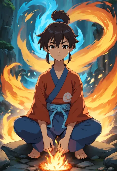 anime do studio ghibli, melhor qualidade, anime, 1boy, ryu, Fire Nation Clothing, Ryu (breath of fire), masculino, universo (avatar the last airbender), solo, cabelos pretos, fire, blue flames, chamas pelo corpo, Escuro, cabelo samurai, olhos fechados, Med...